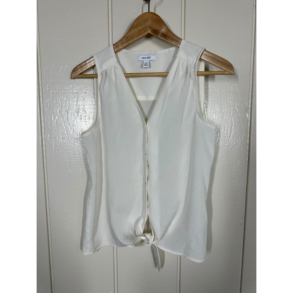 Nine West Blouse Women XS White Sleeveless Button Front Tie Hem Textured Top